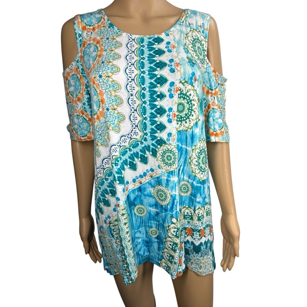 Chico's Cold Shoulder Aqua Top Shirt 2 Shirt Paisley